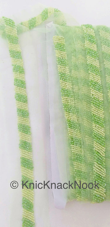 Decorative Green / Pink Beaded Net Lace Trim, Seed Beads, Beaded Trim
